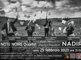 NOTE NOIRE Quartet Note Noire è un quartetto jazz contemporaneo e rappresenta il percorso musicale comune attraverso le proprie composizioni originali. Si tratta di musiche scritte in totale libertà alla ricerca di linguaggi musicali moderni e cosmopoliti attraverso le caratteristiche di strumenti rappresentativi delle tradizioni europee come il violino, la fisarmonica, la chitarra e il contrabbasso. Il loro nuovo album "Nadir" (etichetta Alfamusic/EGEA) è il punto invisibile dal quale osservare il suono di un ensemble dal timbro classico formato da quattro musicisti inevitabilmente attratti dalle continue novità del panorama creativo e dalla sperimentazione stilistica. Attivi sulla scena dal 2011, i Note Noire sono stati invitati ad esibirsi all'interno di programmazioni prestigiose quali Royal Albert Hall (UK), Rhino Jazz Festival (FR), Grenoble Jazz Club (FR), LongLake Festival (CH), Opus Jazz Club (HU), Piacenza Jazz Fest (IT), Pisa Jazz (IT), JAF Jazz Accordion Festival (IT), Milano Django Festival (IT), Trentino In Jazz (IT), Barga Jazz Festival (IT). Ruben Chaviano – violino Roberto Beneventi – fisarmonica Tommaso Papini – chitarra Mirco Capecchi – contrabbasso “Great playing production and arranging!” Gil Goldstein / pianist – producer – arranger (U.S.A.) “L’energia non difetta ai Note Noire. Nove brani che tengono insieme culture musicali differenti: si rinvengono gli echi della musica manouche, del valse francese, del jazz della tradizione più scoppiettante, le delicate essenze del Mediterraneo, godibili venature funk, il tutto legato da uno swing sempre in linea e, soprattutto, da una caratterizzazione personale. Infatti, il quartetto non copia nulla: è tanto originale, quanto verace.” “[...] Non c’è lido presso il quale la musica dei Note Noire non possa condurci a occhi chiusi [...] I brani sono dei mutaforma straordinari [...] che ci porta nell’Europa musicale più attuale, chiude un lavoro che supera i confini spazio- temporali.” Alceste Ayroldi / recensione album “Nadir” / Musica Jazz (Italia)