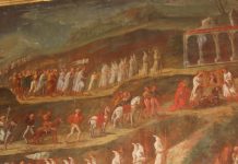 Particolare del quadro che raffigura il corteo della Venuta dell'immagine della Madonna a Cercina con lo stendardo e il compasso - Tratto da Lo stemma del Comune di Sesto Fiorentino - apice libri