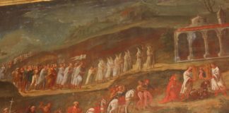 Particolare del quadro che raffigura il corteo della Venuta dell'immagine della Madonna a Cercina con lo stendardo e il compasso - Tratto da Lo stemma del Comune di Sesto Fiorentino - apice libri