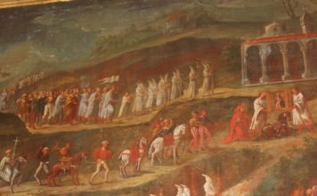 Particolare del quadro che raffigura il corteo della Venuta dell'immagine della Madonna a Cercina con lo stendardo e il compasso - Tratto da Lo stemma del Comune di Sesto Fiorentino - apice libri